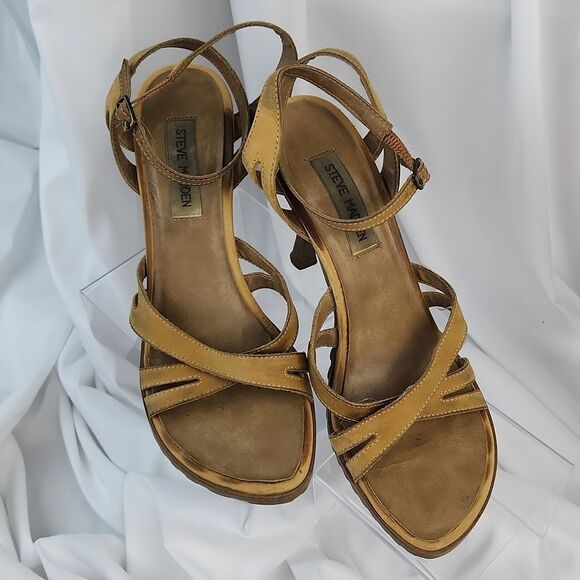 🐞Steve Madden Tan Leather Strappy Open Toe Heels Size 8 - Picture 6 of 9